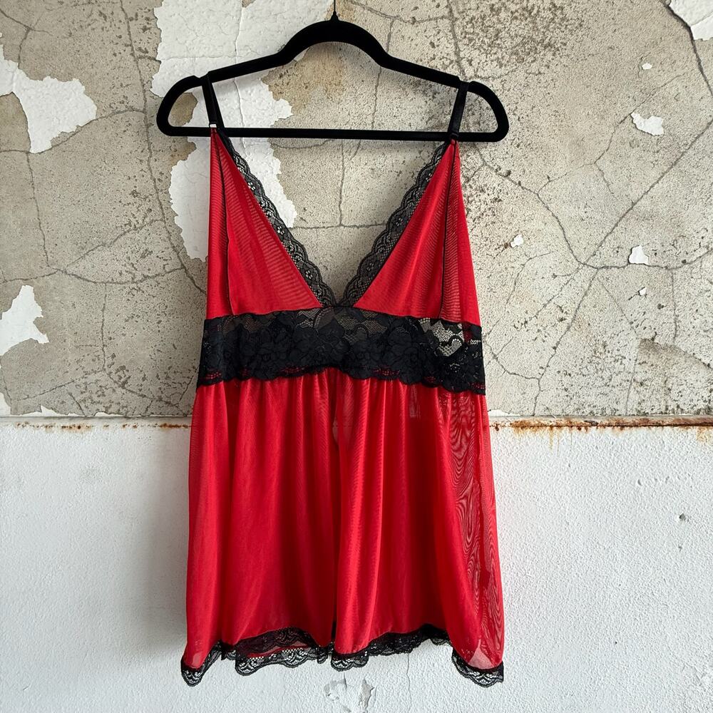 Red Mesh Babydoll‎ Lingerie with Black Floral Lace Trim Size XXL